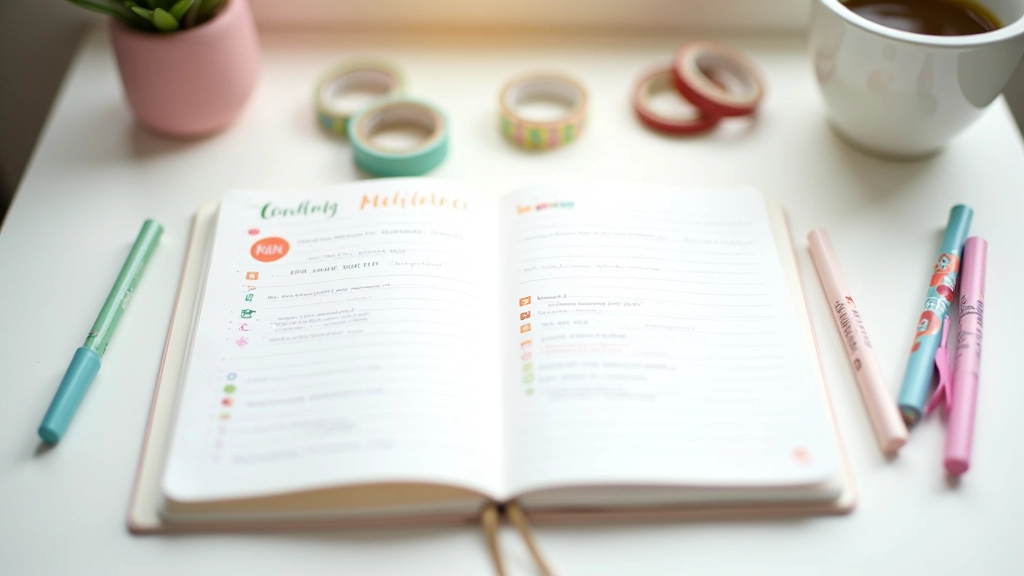 Bullet journal coloré avec des marqueurs et des autocollants sur une table blanche