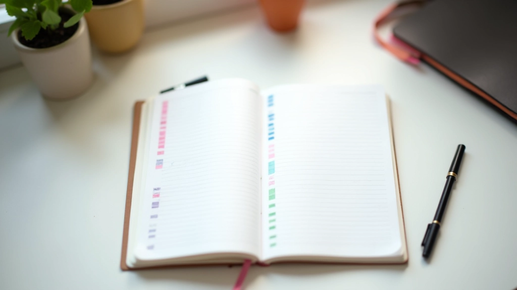Calendrier avec dates marquées en couleur, pages de journal étalées sur une table, vue aérienne