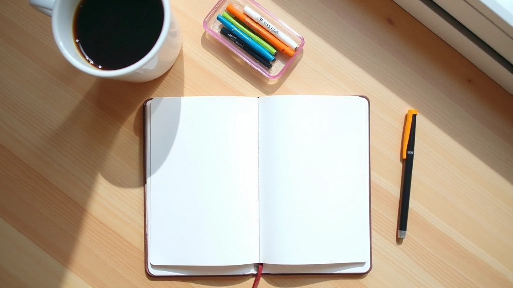 Configuration d'un espace d'écriture avec un carnet, des marqueurs et une tasse de café