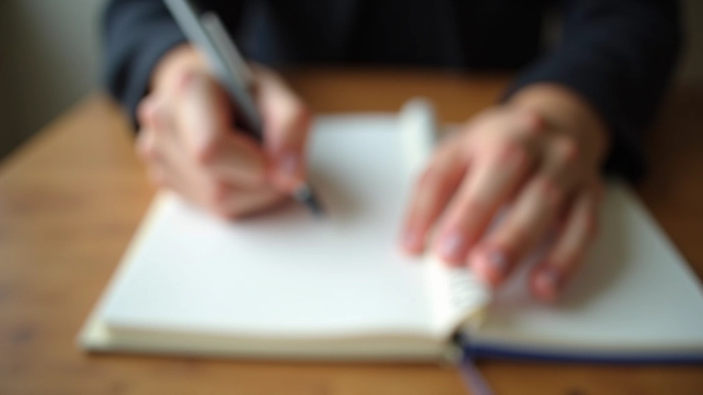 Mains écrivant dans un carnet avec un stylo bille noir, gros plan détaillé