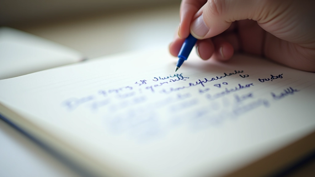 Carnet avec pages manuscrites remplies, stylo bleu, cahier ouvert montrant l'écriture cursive fluide