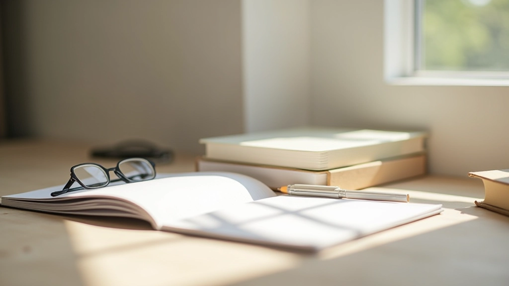 Espace de travail minimaliste avec plusieurs carnets de journal, stylo et lunettes de lecture, lumière naturelle douce