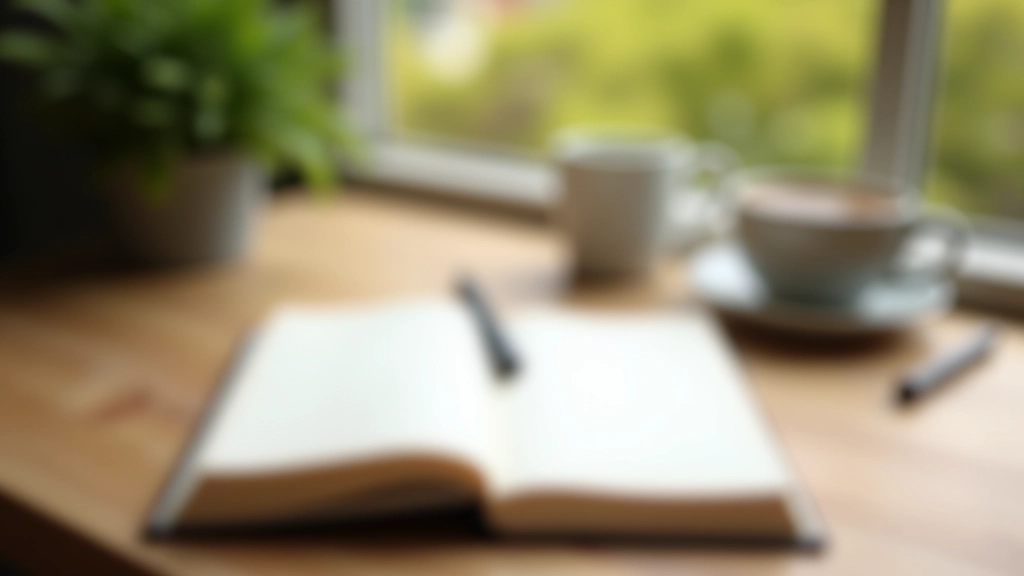 Cahier de journal ouvert sur un bureau avec stylo, café et plante verte, lumière naturelle du matin, espace de travail paisible