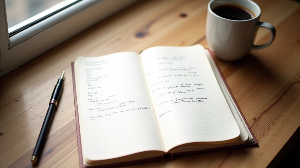 Cahier ouvert avec stylo sur un bureau en bois, café à proximité, lumière naturelle du matin