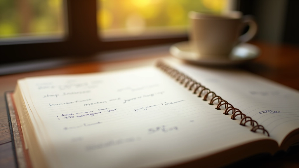 Carnet papier ouvert avec stylo et café sur un bureau ensoleillé