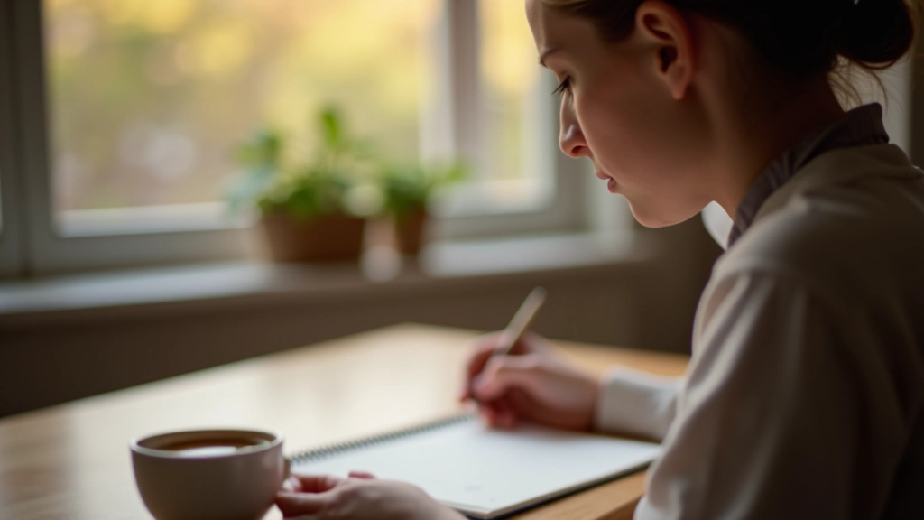 Personne écrivant dans un journal avec une tasse de café