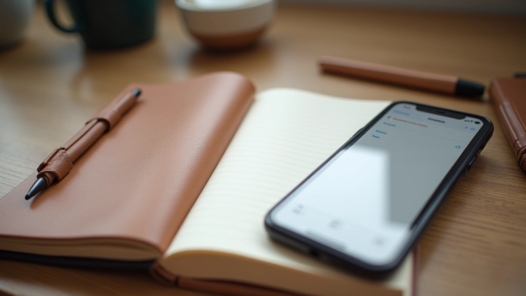 Composition montrant un carnet papier d'un côté et un téléphone numérique de l'autre, comparaison papier vs digital