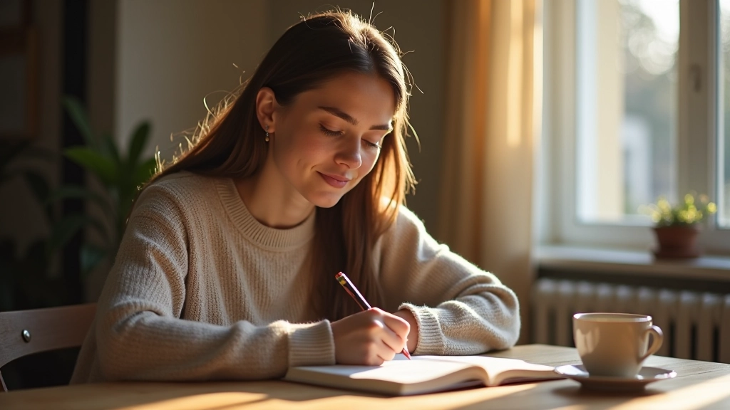 Personne écrivant dans un carnet avec une tasse de café à proximité, ambiance calme du matin