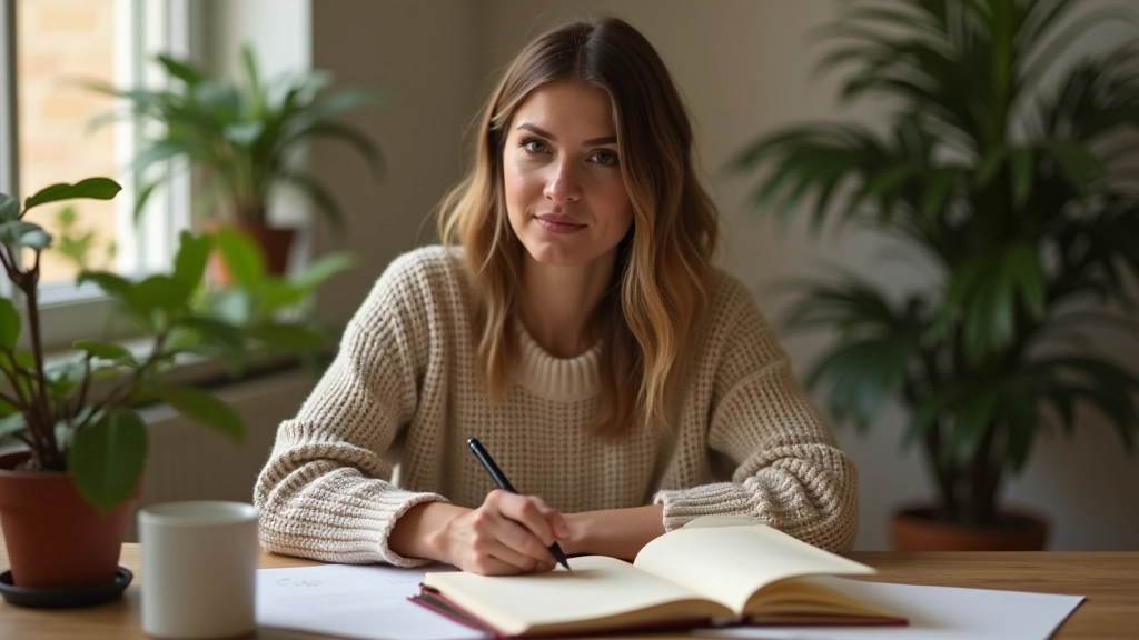 Personne écrivant dans un journal avec un style élégant sur un bureau bien organisé