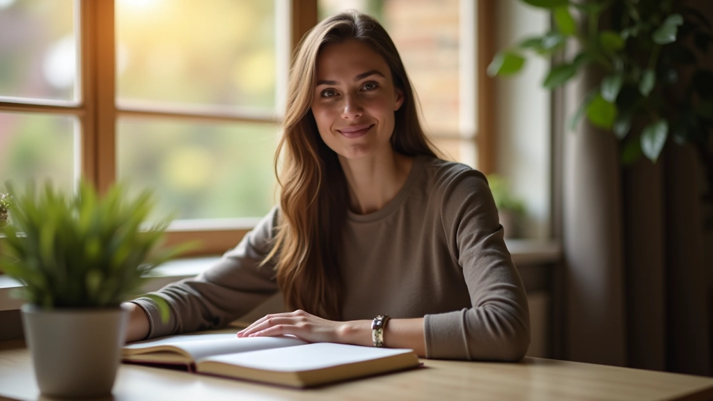 Femme souriante assise avec un cahier, fenêtre avec vue naturelle en arrière-plan, moment de sérénité