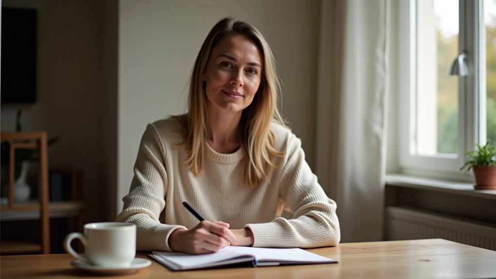 Personne assise à un bureau en train d'écrire dans un carnet avec une tasse de café à proximité