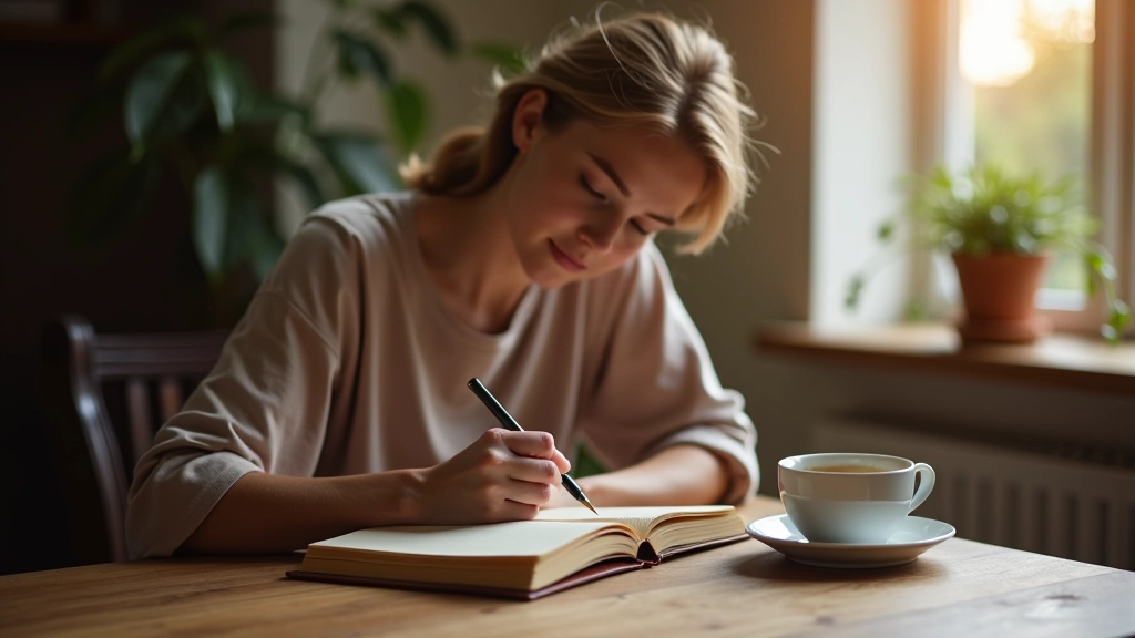 Femme écrivant dans un journal papier avec une tasse de café, lumière naturelle du matin, atmosphère calme et paisible