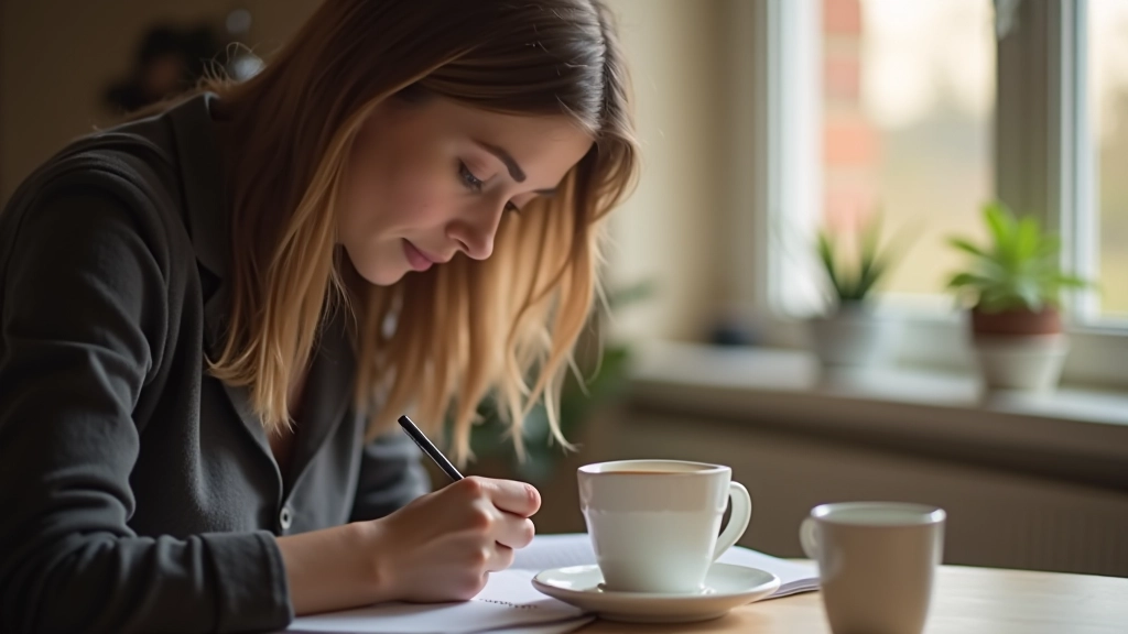 Femme écrivant dans son journal avec concentration, café chaud à proximité, fenêtre avec lumière naturelle, environnement calme et inspirant
